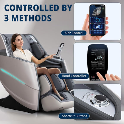 4D Massage Chair Full Body Zero Gravity Recliner - 55“ Sl-Track,20 Auto Modes,11 Massage Technique,40 Airbags Massage,With Yoga Stretch,App Control,Negative Oxygen Lons（Grey）
