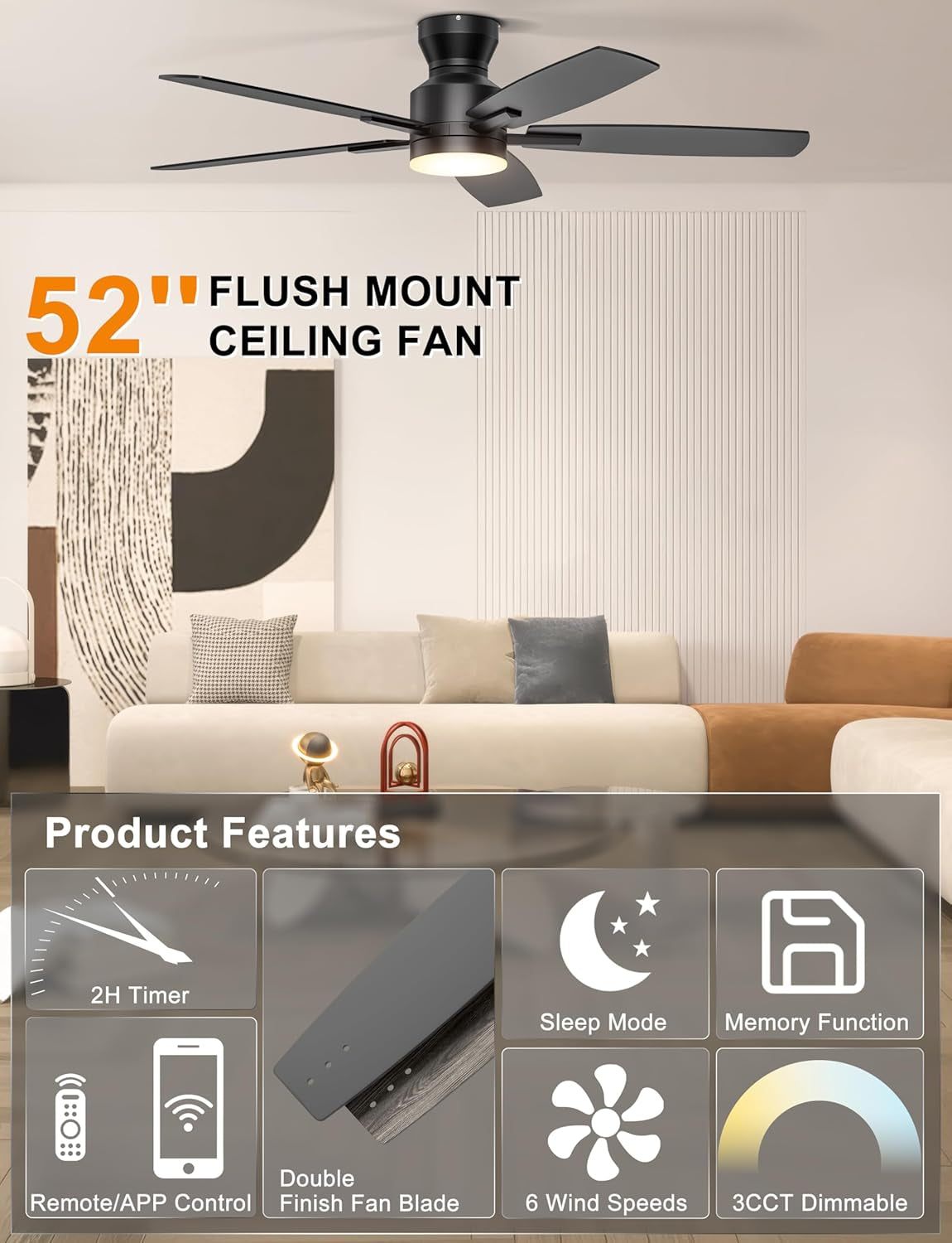 Ceiling Fans with Lights, 52'' Low Profile Ceiling Fan with Light and Remote/App Control, Modern Flush Mount Ceiling Fan for Indoor Bedroom Living Room, Dimmable, Qiuet DC Motor, Black