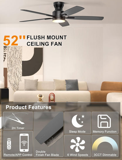 Ceiling Fans with Lights, 52'' Low Profile Ceiling Fan with Light and Remote/App Control, Modern Flush Mount Ceiling Fan for Indoor Bedroom Living Room, Dimmable, Qiuet DC Motor, Black