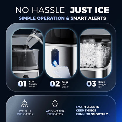 Nugget Ice Maker Countertop, Portable Ice Maker Machine with Self-Cleaning Function, 35Lbs/Day, Soft Chewable Pellet Ice, Silver