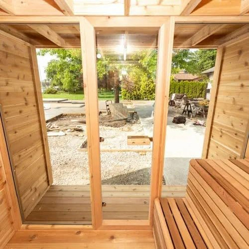 Outdoor Red Cedar Steam Sauna for 8 Person, Modern Square with Porch, Full-Glass Front, 8KW ETL Harvia Heater, LED Lighting, Waterproof Roof, Double Bench, Complete Accessories