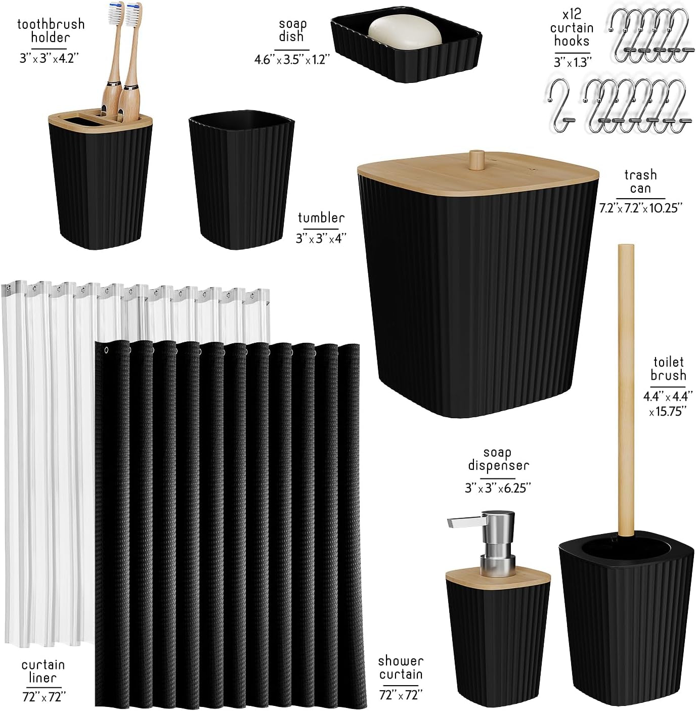 Bathroom Accessories Set - Bathroom Set, Bathroom Accessory Set, Shower Curtain Set, Toilet Brush, Trash Can & Soap Dispenser - Black - 20PC