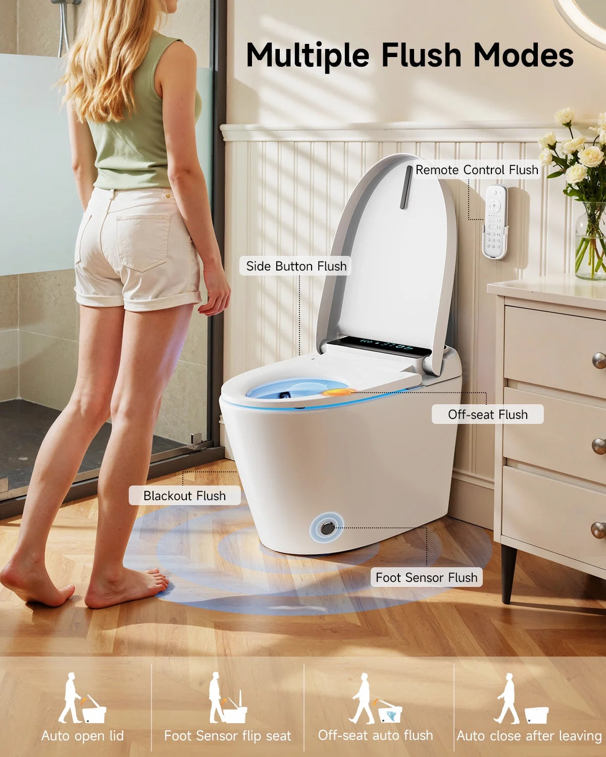 Smart Toilet with Tankless Bidet Wash, Auto-Open Lid/Seat, 1.28 Gallons Auto Dual Flush, Heat Seat, Warm Wash/Dryer, Soft Closing, Remote Control