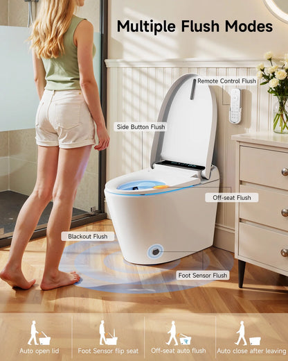 Smart Toilet with Tankless Bidet Wash, Auto-Open Lid/Seat, 1.28 Gallons Auto Dual Flush, Heat Seat, Warm Wash/Dryer, Soft Closing, Remote Control