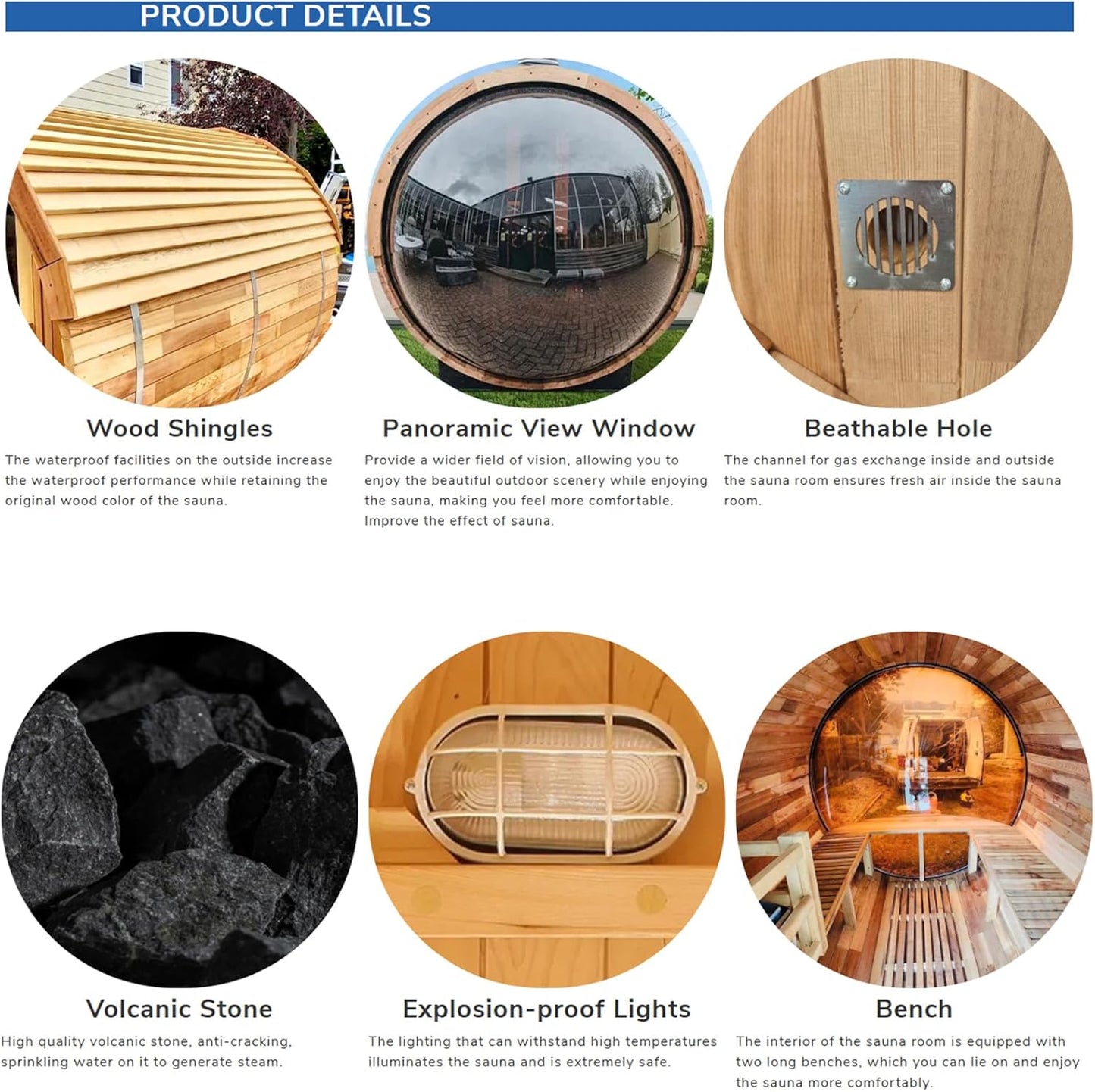 Wooden Steam Sauna Room with Panoramic View, Canadian Red Cedar Traditional Outdoor Barrel Wood Burning Sauna with Porch, Wood-Fired Stove with Chimney Kit, Wood Shingles, 6-8 Person