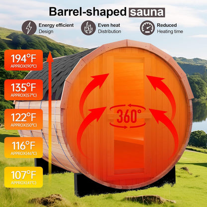 Outdoor Steam Sauna for 8 Person, Panoramic View, 6.2Ft X 7.9Ft Canadian Red Cedar Barrel Sauna with Asphalt Shingles Roof, Wood-Fired Stove, Triple Waterproof System, Chimney Kit, Rain Tarp