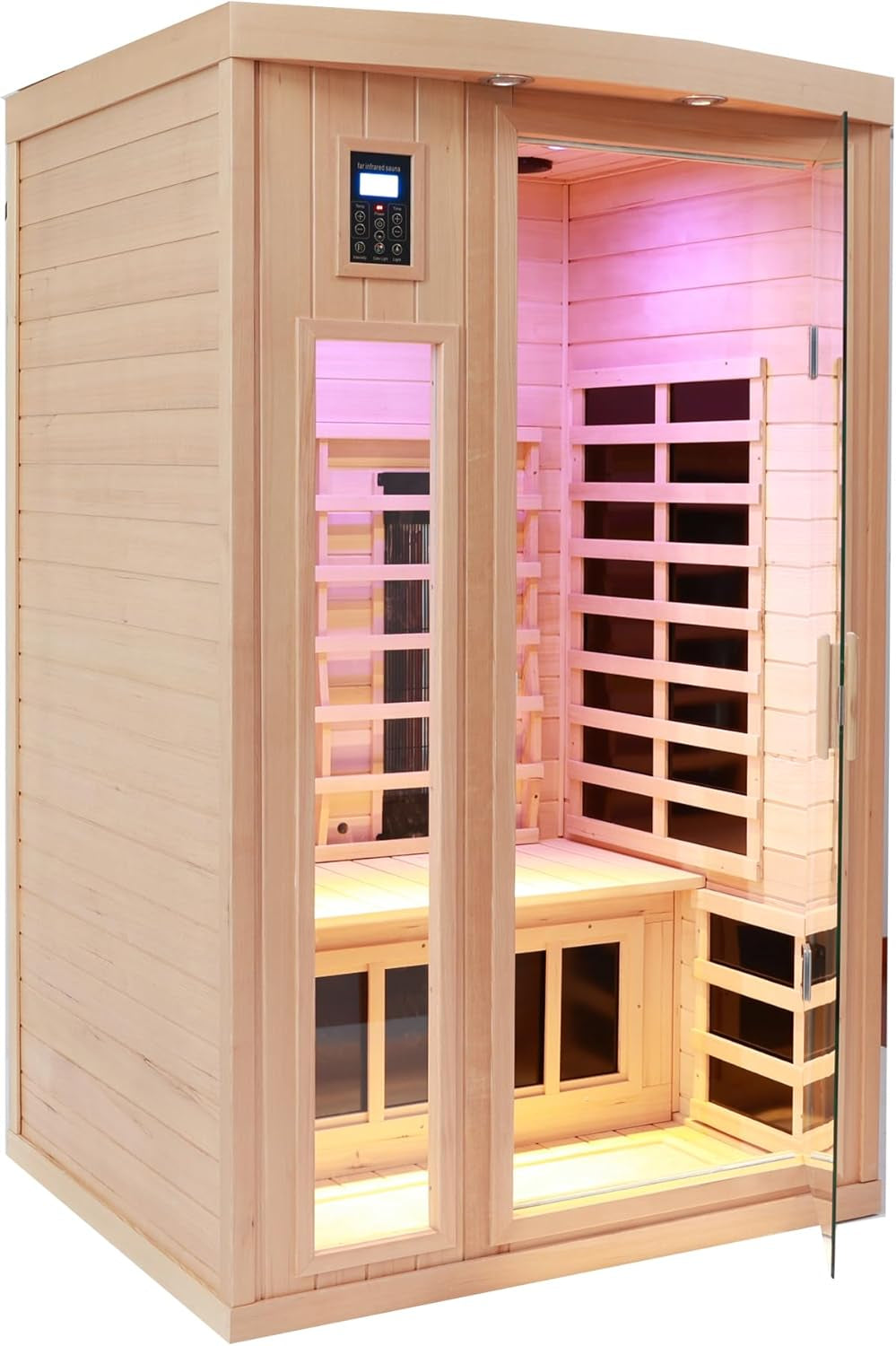 Two Person Hemlock Far Infrared Heating Sauna with Reading Lights + Colored Lights + Bluetooth + External Lights