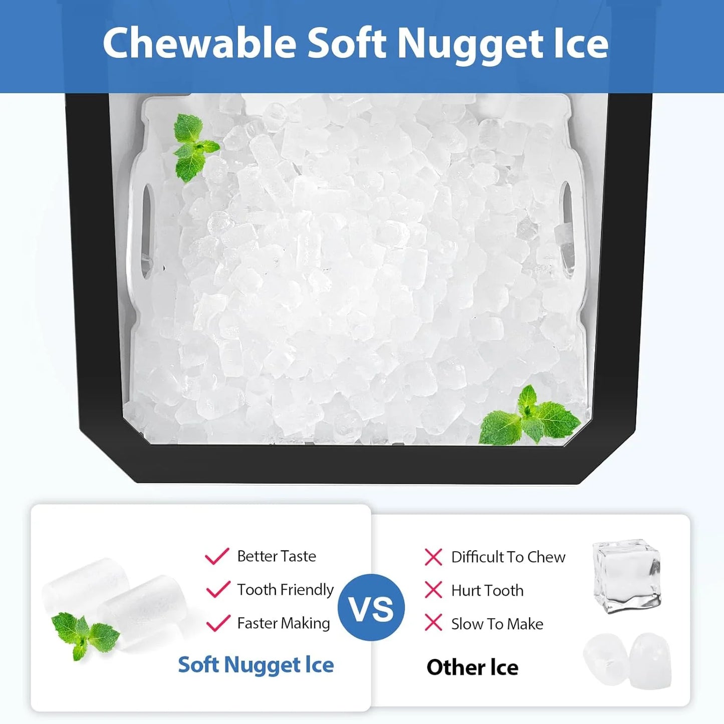Countertop Nugget Ice Maker, 55Lbs/Day, Ice Release in 5 Mins, Self-Cleaing with Stainless Steel Housing, Stainless Steel