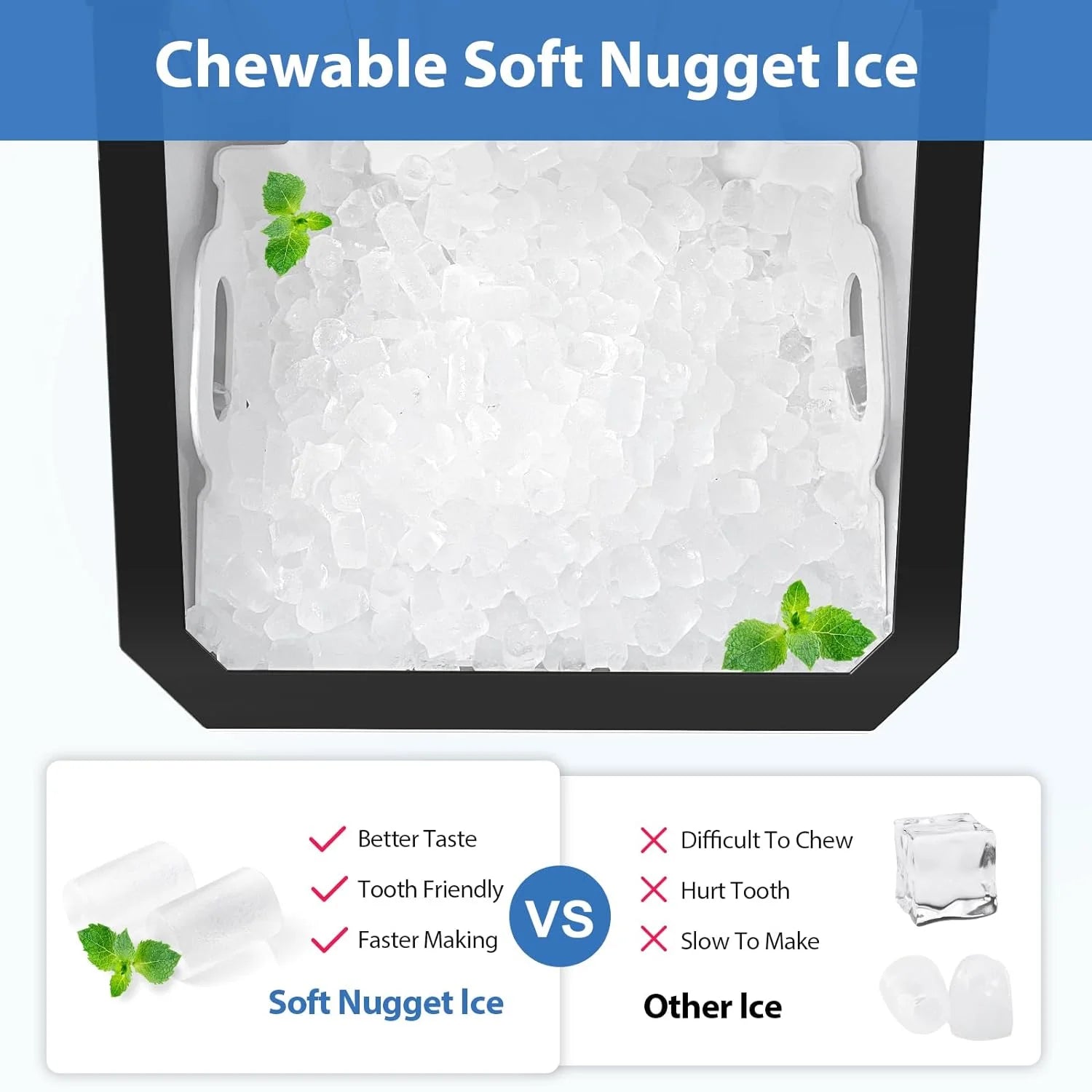 Countertop Nugget Ice Maker, 55Lbs/Day, Ice Release in 5 Mins, Self-Cleaing with Stainless Steel Housing, Stainless Steel