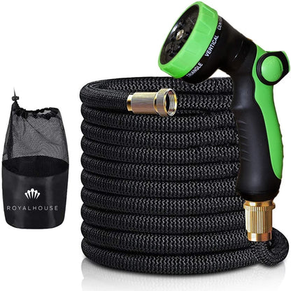 100FT Expandable Garden Hose with 8-Pattern Spray Nozzle – Durable, Flexible, Multipurpose (Black)