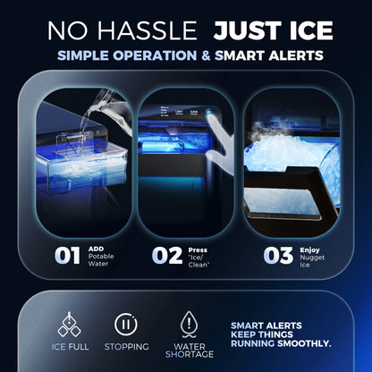Nugget Ice Maker Countertop, 44.9Lbs per Day Chewable Pebble Nugget Ice Machine with Touch Screen for Home, Kitchen, Office, Stainless Steel, Black