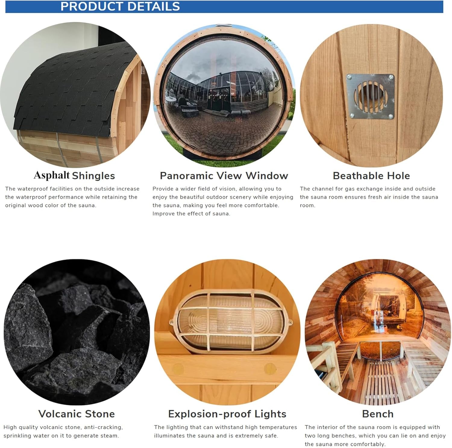 Outdoor Steam Sauna for 8 Person, Panoramic View, 6.2Ft X 7.9Ft Canadian Red Cedar Barrel Sauna with Asphalt Shingles Roof, Wood-Fired Stove, Triple Waterproof System, Chimney Kit, Rain Tarp