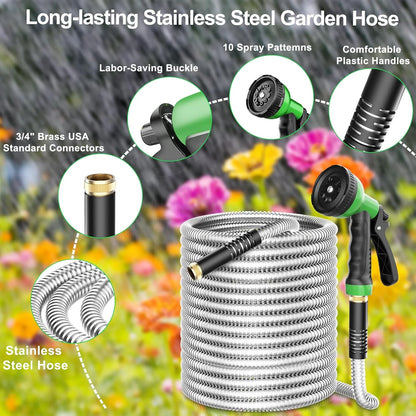 Garden Hose 75FT, 10 Pattern Thumb Spray Nozzle, No-Kink Flexible 304 Stainless Steel Water Hose, Lightweight Leak & Rust Proof Water Hose for Yard, Outdoor, 3/4" Swivel Connectors