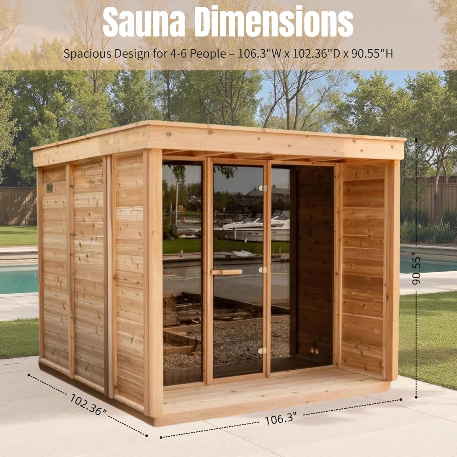 Outdoor Red Cedar Steam Sauna for 8 Person, Modern Square with Porch, Full-Glass Front, 8KW ETL Harvia Heater, LED Lighting, Waterproof Roof, Double Bench, Complete Accessories