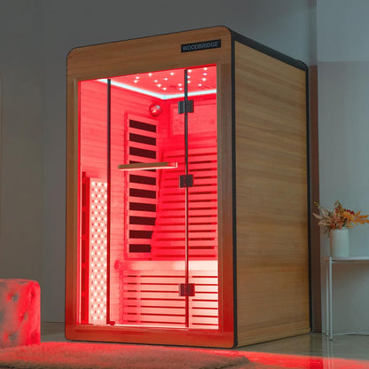 Infrared Home Sauna Room 1 Person Hemlock Wooden Indoor Sauna,7 Carbon 1560W/120V Heaters,With Led Color Therapy Light,Bluetooth Speaker,Tempered Glass,Touch-Tone Keypad and a Top Vent