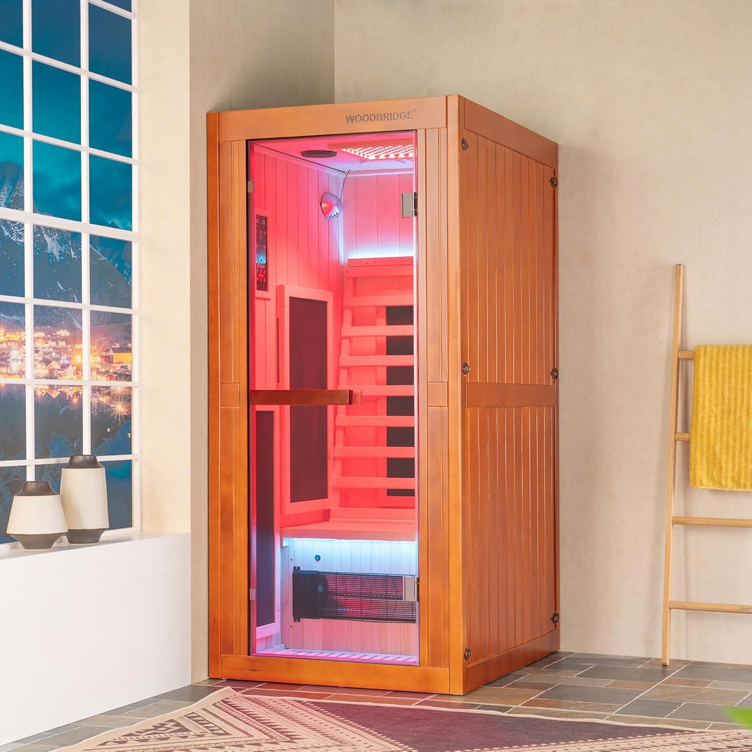 Infrared Home Sauna Room 2 Person Hemlock Wooden Indoor Sauna with 7 Carbon Heaters, Red Light Therapy, Bluetooth Speaker, Intelligent Control Panel, Tempered Glass & Top Vent