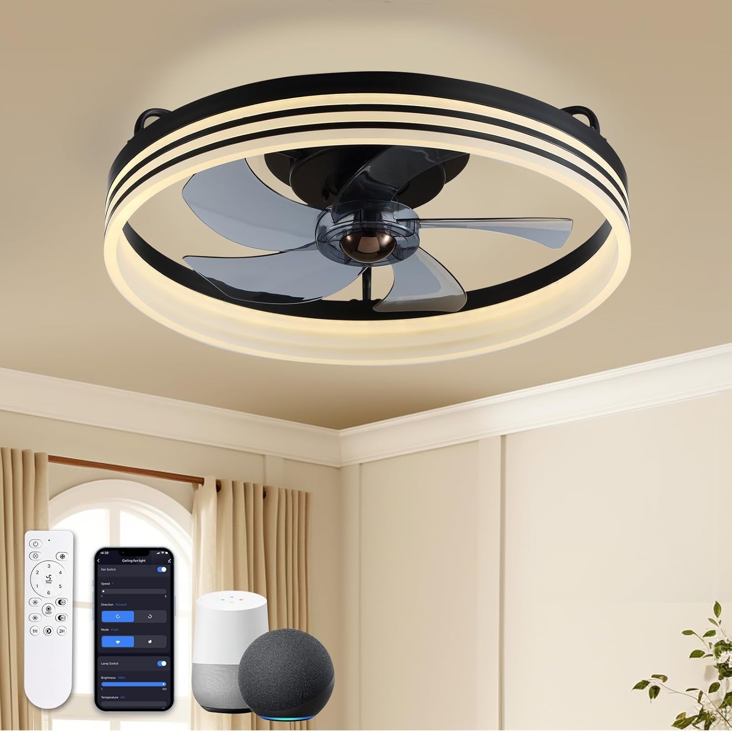 Ceiling Fans with Lights, Flush Mount Ceiling Fan with Lights and Remote, 6 Wind Speeds Smart Low Profile Ceiling Fan for Bedroom, Kids Room and Living Room 20" (Black)