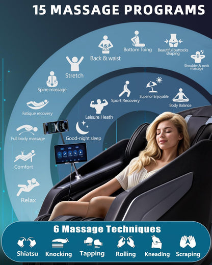Full Body Zero Gravity Massage Chair with Body Scan 4D Intelligent Shiatsu Strecth Massage, Back/Leg Heated with AI Voice Control Bluetooth Speaker Airbags SL Track Massage Black