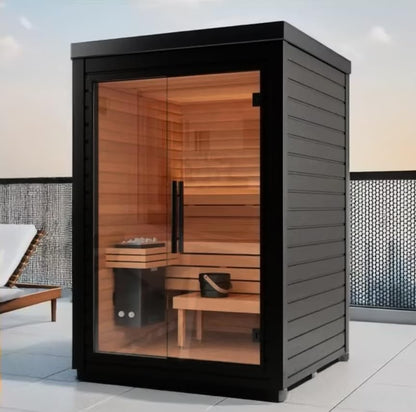 Modern Outdoor Cabin Sauna Kit, Glass Front Panel, Cedar Interior, Weather-Resistant Black Exterior