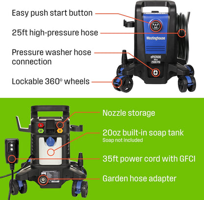 Epx3500 Electric Pressure Washer, 2500 Max PSI 1.76 Max GPM with Anti-Tipping Technology, Onboard Soap Tank, Pro-Style Steel Wand, 5-Nozzle Set, for Cars/Fences/Driveways/Home/Patios