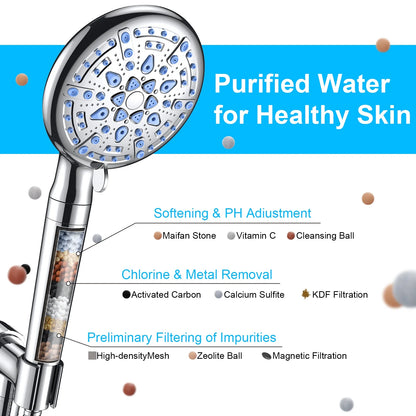 9 Setting Handheld Shower Head,High Pressure Shower Head with Filter, Hard Water Softener with 70" Hose Extension Spray Nozzle Shower,Silver