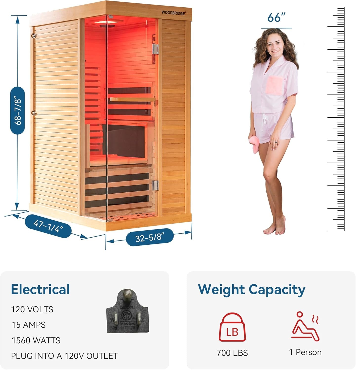 Infrared Home Sauna Room 1 Person Hemlock Wooden Indoor Sauna,7 Carbon 1560W/120V Heaters,With Led Color Therapy Light,Bluetooth Speaker,Tempered Glass,Touch-Tone Keypad and a Top Vent