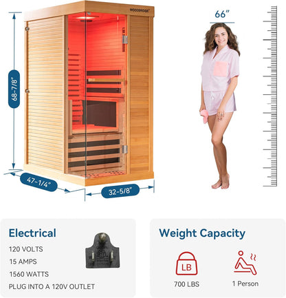 Infrared Home Sauna Room 1 Person Hemlock Wooden Indoor Sauna,7 Carbon 1560W/120V Heaters,With Led Color Therapy Light,Bluetooth Speaker,Tempered Glass,Touch-Tone Keypad and a Top Vent