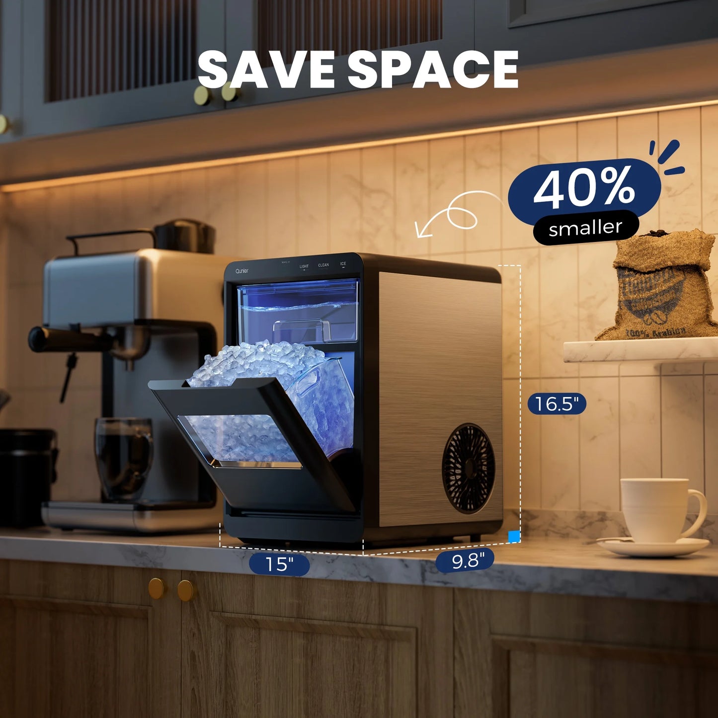 Nugget Ice Maker Countertop, 44Lbs per Day Chewable Pebble Nugget Ice Machine with Touch Screen for Home, Kitchen, Office, Stainless Steel, Black