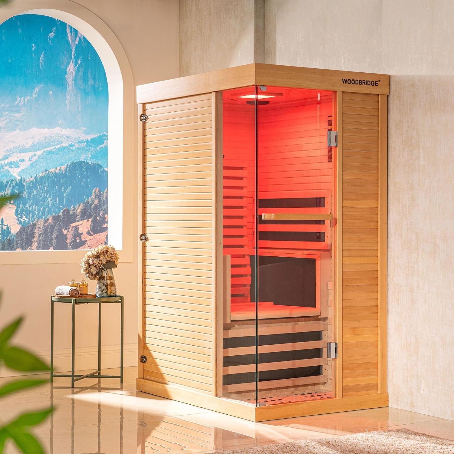 Infrared Home Sauna Room 1 Person Hemlock Wooden Indoor Sauna,7 Carbon 1560W/120V Heaters,With Led Color Therapy Light,Bluetooth Speaker,Tempered Glass,Touch-Tone Keypad and a Top Vent