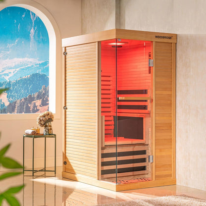 Infrared Home Sauna Room 1 Person Hemlock Wooden Indoor Sauna,7 Carbon 1560W/120V Heaters,With Led Color Therapy Light,Bluetooth Speaker,Tempered Glass,Touch-Tone Keypad and a Top Vent