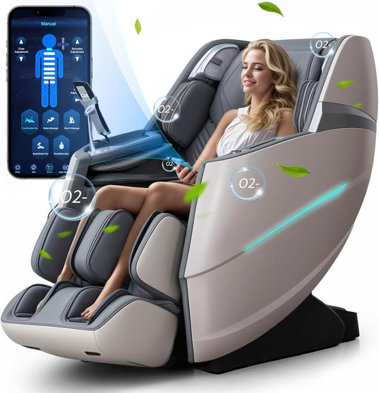 4D Massage Chair Full Body Zero Gravity Recliner - 55“ Sl-Track,20 Auto Modes,11 Massage Technique,40 Airbags Massage,With Yoga Stretch,App Control,Negative Oxygen Lons（Grey）