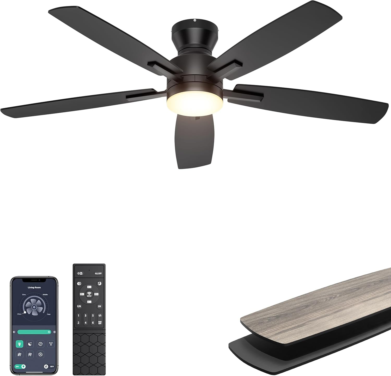 Ceiling Fans with Lights, 52'' Low Profile Ceiling Fan with Light and Remote/App Control, Modern Flush Mount Ceiling Fan for Indoor Bedroom Living Room, Dimmable, Qiuet DC Motor, Black