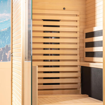Infrared Home Sauna Room 1 Person Hemlock Wooden Indoor Sauna,7 Carbon 1560W/120V Heaters,With Led Color Therapy Light,Bluetooth Speaker,Tempered Glass,Touch-Tone Keypad and a Top Vent