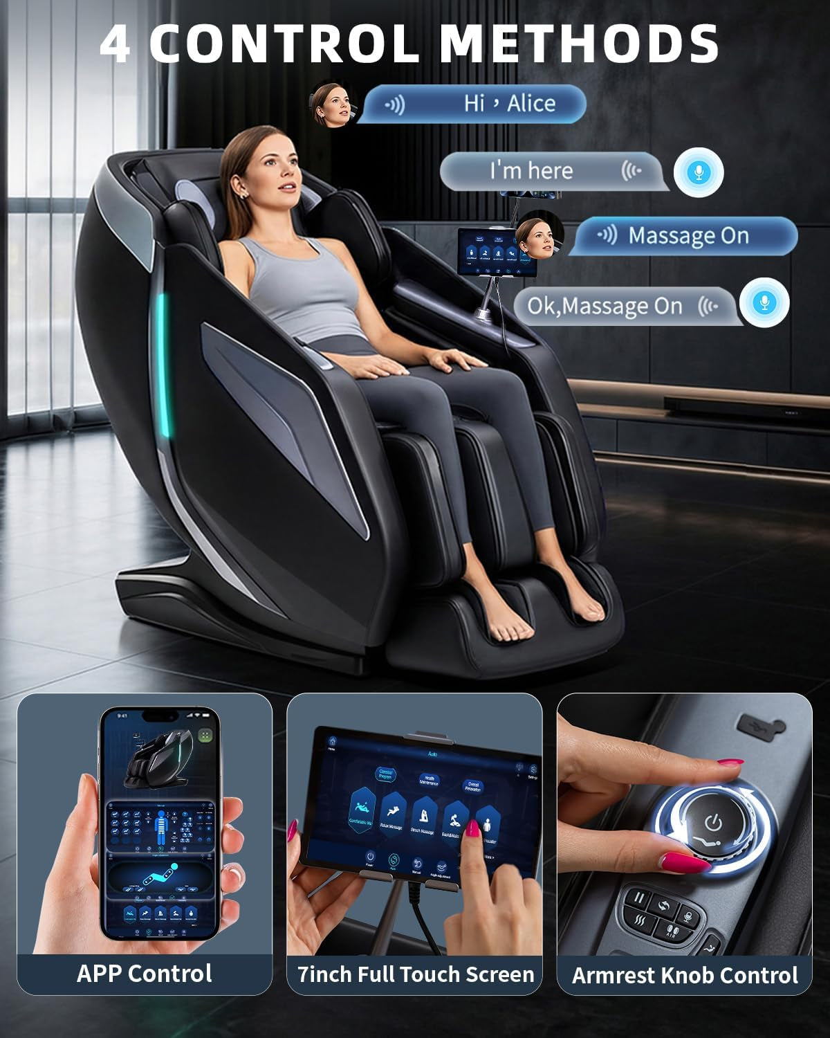 Full Body Zero Gravity Massage Chair with Body Scan 4D Intelligent Shiatsu Strecth Massage, Back/Leg Heated with AI Voice Control Bluetooth Speaker Airbags SL Track Massage Black