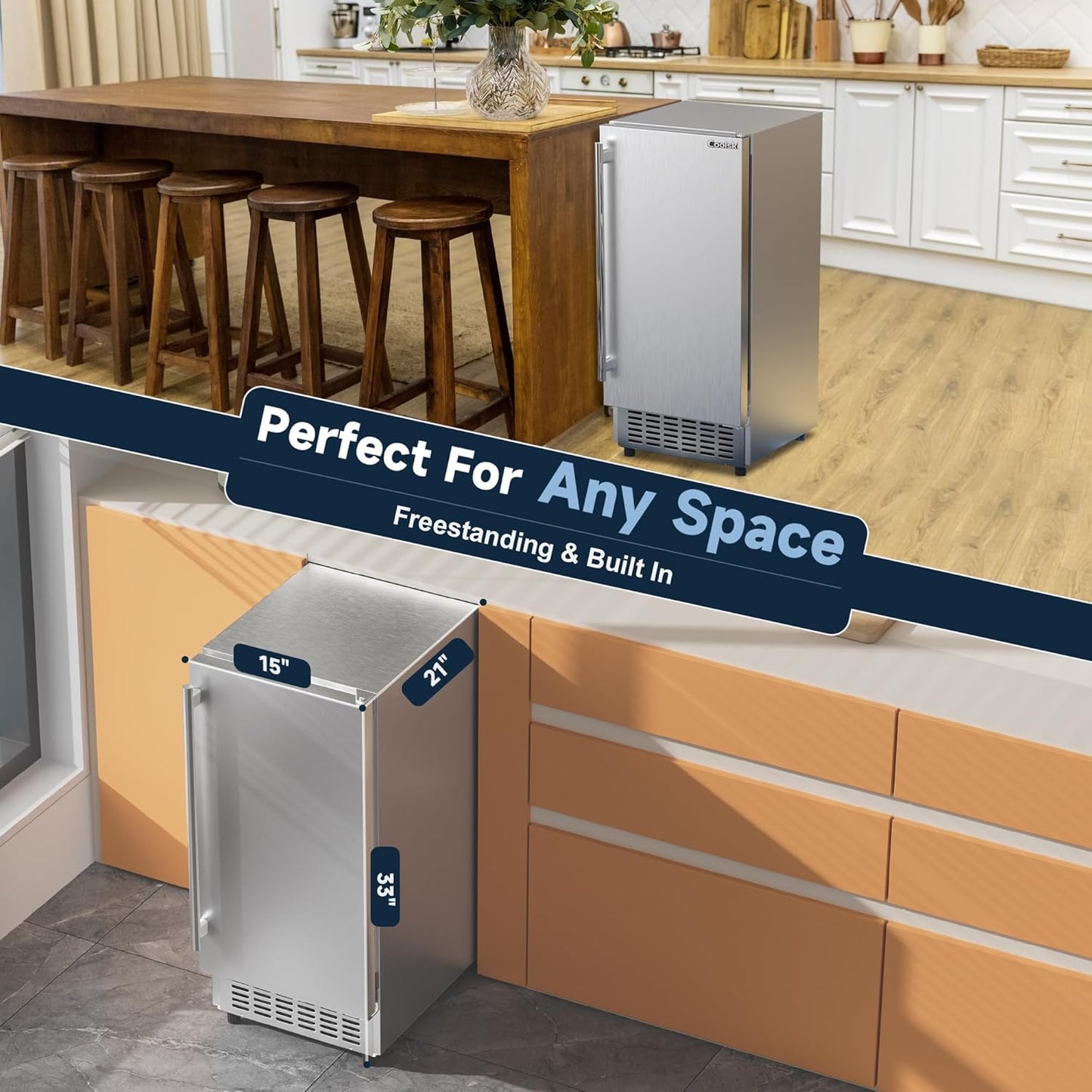 under Counter Ice Maker Machine, Stainless Steel Built-In Freestanding Ice Maker for Commercial & Home Use, 80 Lbs/Day, 30 Lbs Storage, Self Cleaning, Thicknesses Adjustable