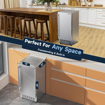 under Counter Ice Maker Machine, Stainless Steel Built-In Freestanding Ice Maker for Commercial & Home Use, 80 Lbs/Day, 30 Lbs Storage, Self Cleaning, Thicknesses Adjustable