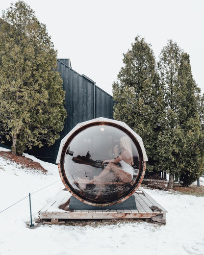 Wooden Steam Sauna Room with Panoramic View, Canadian Red Cedar Traditional Outdoor Barrel Wood Burning Sauna with Porch, Wood-Fired Stove with Chimney Kit, Wood Shingles, 6-8 Person