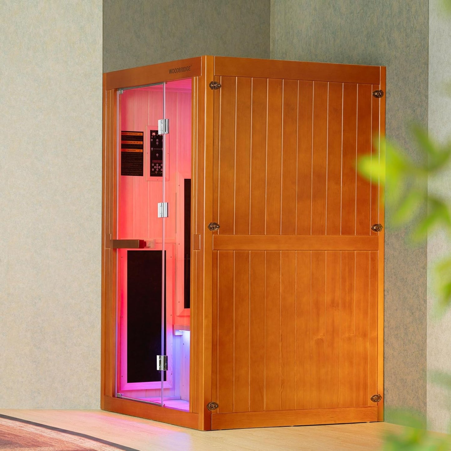 Infrared Home Sauna Room 2 Person Hemlock Wooden Indoor Sauna with 7 Carbon Heaters, Red Light Therapy, Bluetooth Speaker, Intelligent Control Panel, Tempered Glass & Top Vent