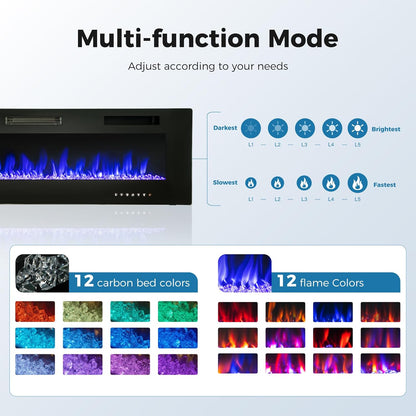 72 Inch Electric Fireplace, Recessed and Wall Mounted Electric Fireplace Heater, Linear Fireplace with Remote Control & Touch Screen, Thermostat, Timer, Adjustable Flame Color, 750/1500W