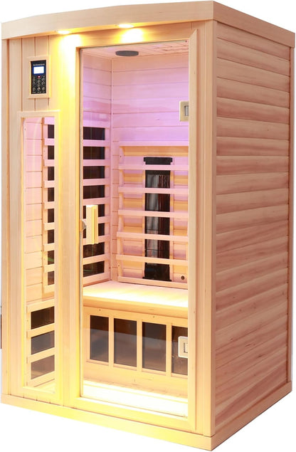 Two Person Hemlock Far Infrared Heating Sauna with Reading Lights + Colored Lights + Bluetooth + External Lights