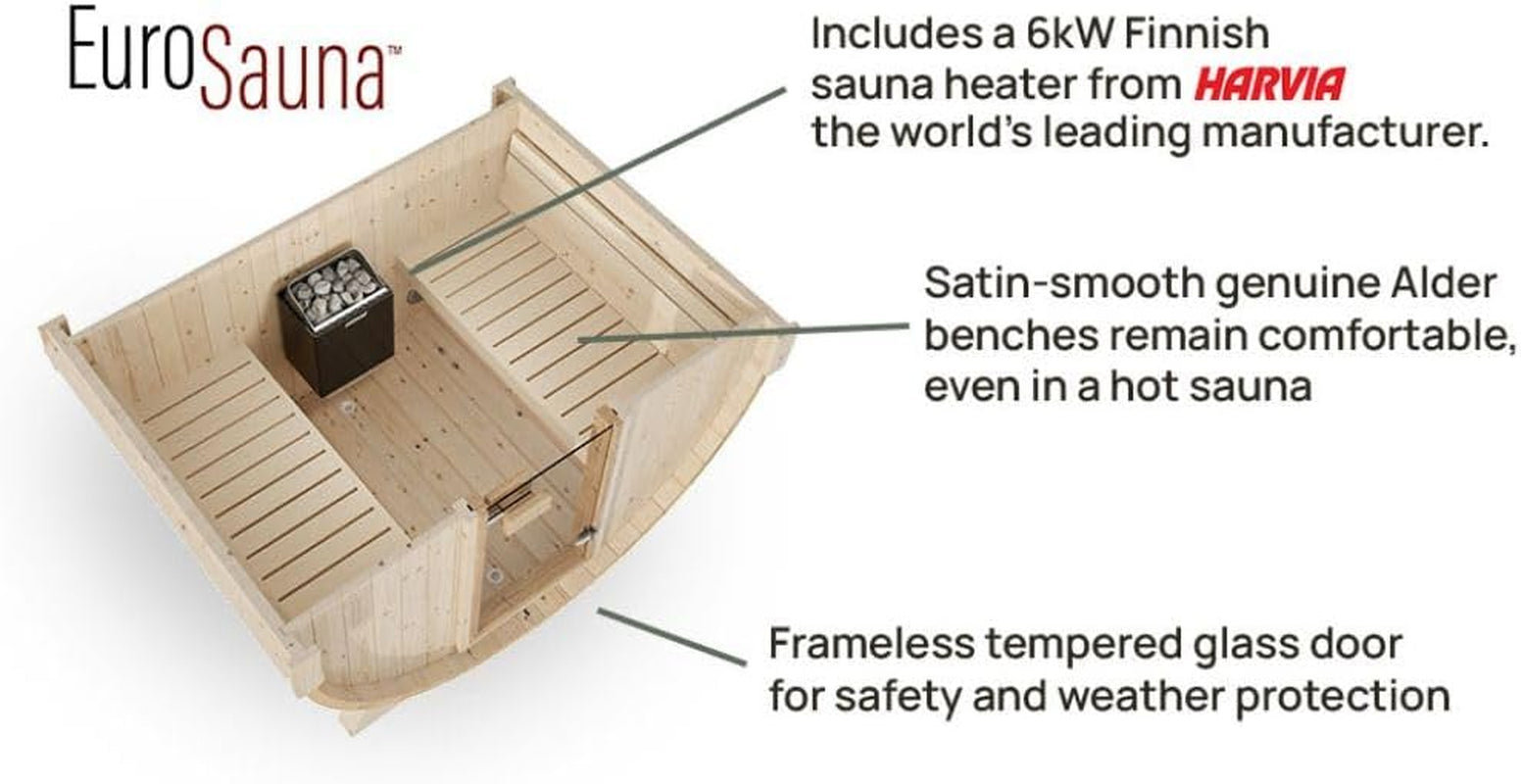 Eurosauna 2-Person Outdoor Barrel Sauna with Shingles, Lighting, & 6Kw Harvia Sauna Heater, 81X59