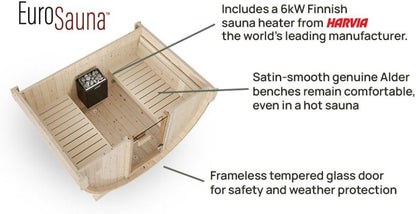 Eurosauna 2-Person Outdoor Barrel Sauna with Shingles, Lighting, & 6Kw Harvia Sauna Heater, 81X59