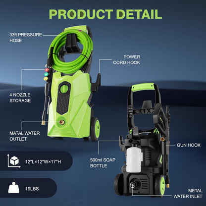 2025 New 5000PSI Electric Pressure Washer, Power Washer with 33FT Resistant Extension Hose and 4 Nozzles, Compatible with Undercarriage Cleaners, Professional Powerwashers for Home/Car(Green)