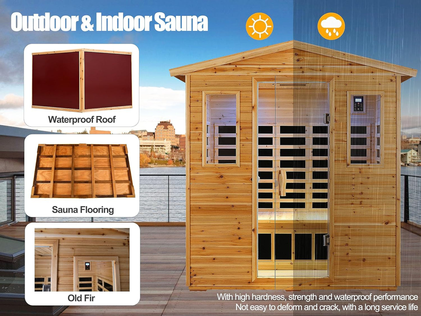 Outdoor Sauna 3 Person Infrared Sauna, Infrared Saunas for Home, 1950W Low EMF Far Infrared Sauna Old Fir Wooden Sauna with Beauty Red Light, Foldable Seat, Bluetooth, Chromotherapy Lamp, 20Amps