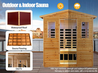 Outdoor Sauna 3 Person Infrared Sauna, Infrared Saunas for Home, 1950W Low EMF Far Infrared Sauna Old Fir Wooden Sauna with Beauty Red Light, Foldable Seat, Bluetooth, Chromotherapy Lamp, 20Amps