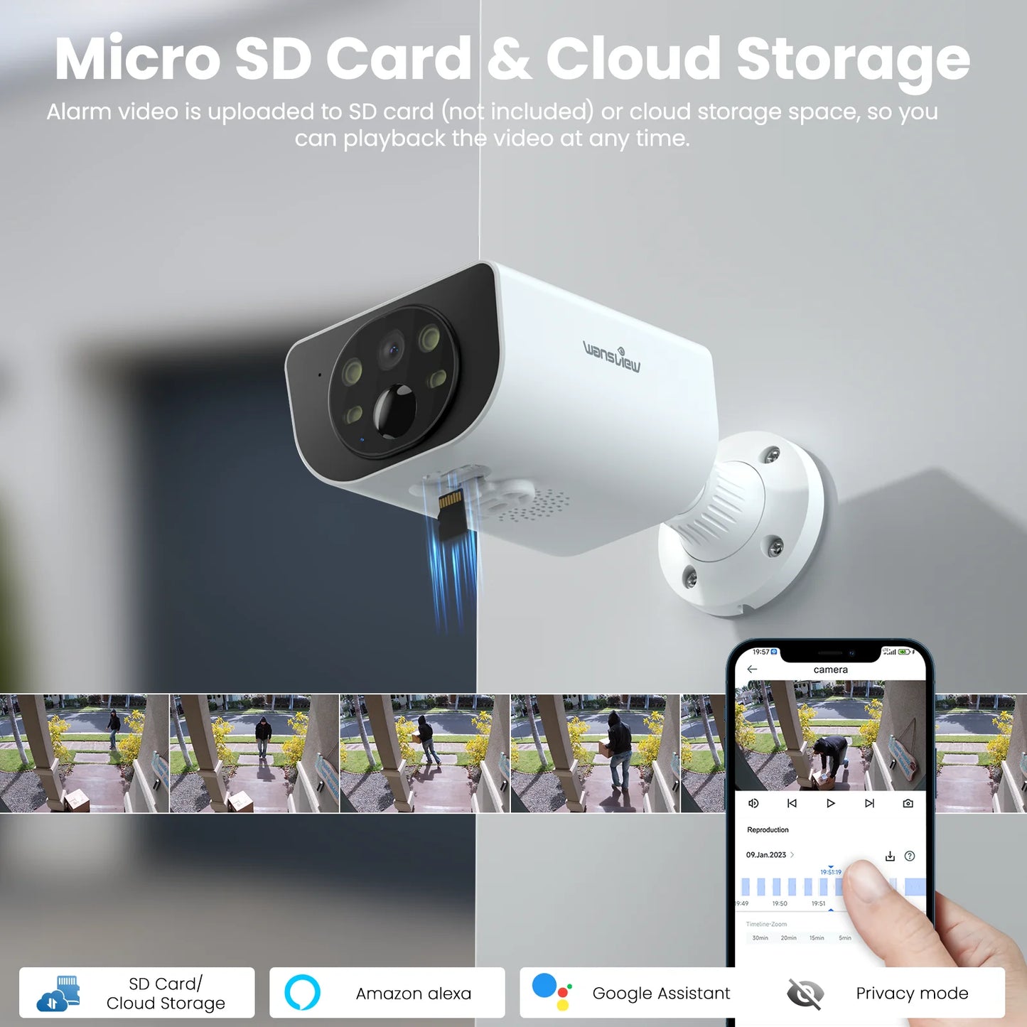 2K Solar Camera Wifi Outdoor Wireless with Spotligt, Waterproof, PIR Alert, Siren, Color Night Vision, Two-Way Audio, Works with Alexa