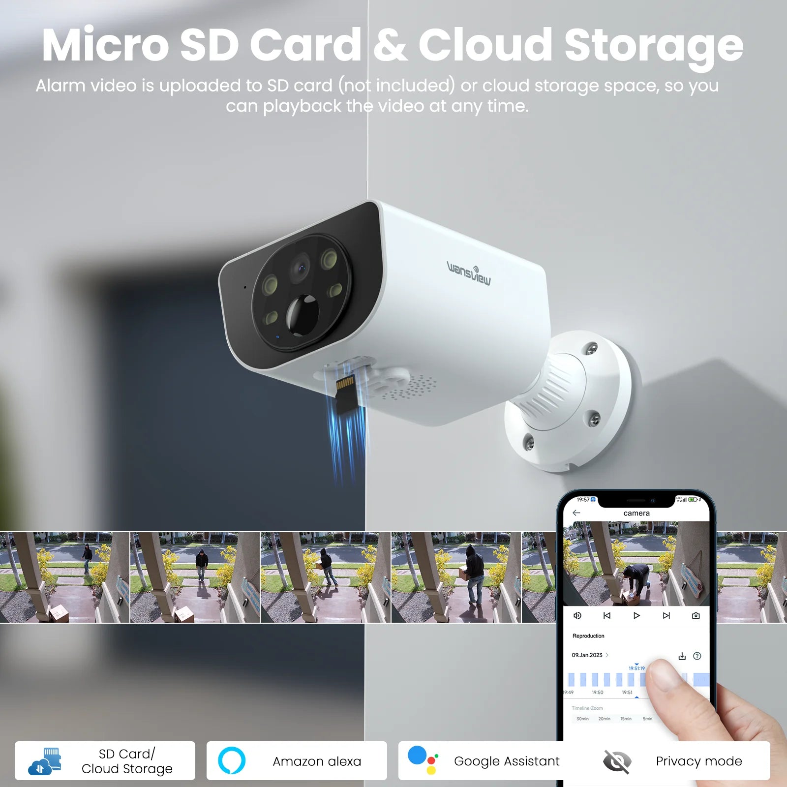 2K Solar Camera Wifi Outdoor Wireless with Spotligt, Waterproof, PIR Alert, Siren, Color Night Vision, Two-Way Audio, Works with Alexa