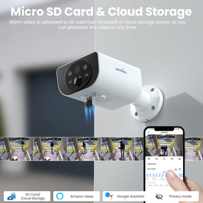 2K Solar Camera Wifi Outdoor Wireless with Spotligt, Waterproof, PIR Alert, Siren, Color Night Vision, Two-Way Audio, Works with Alexa