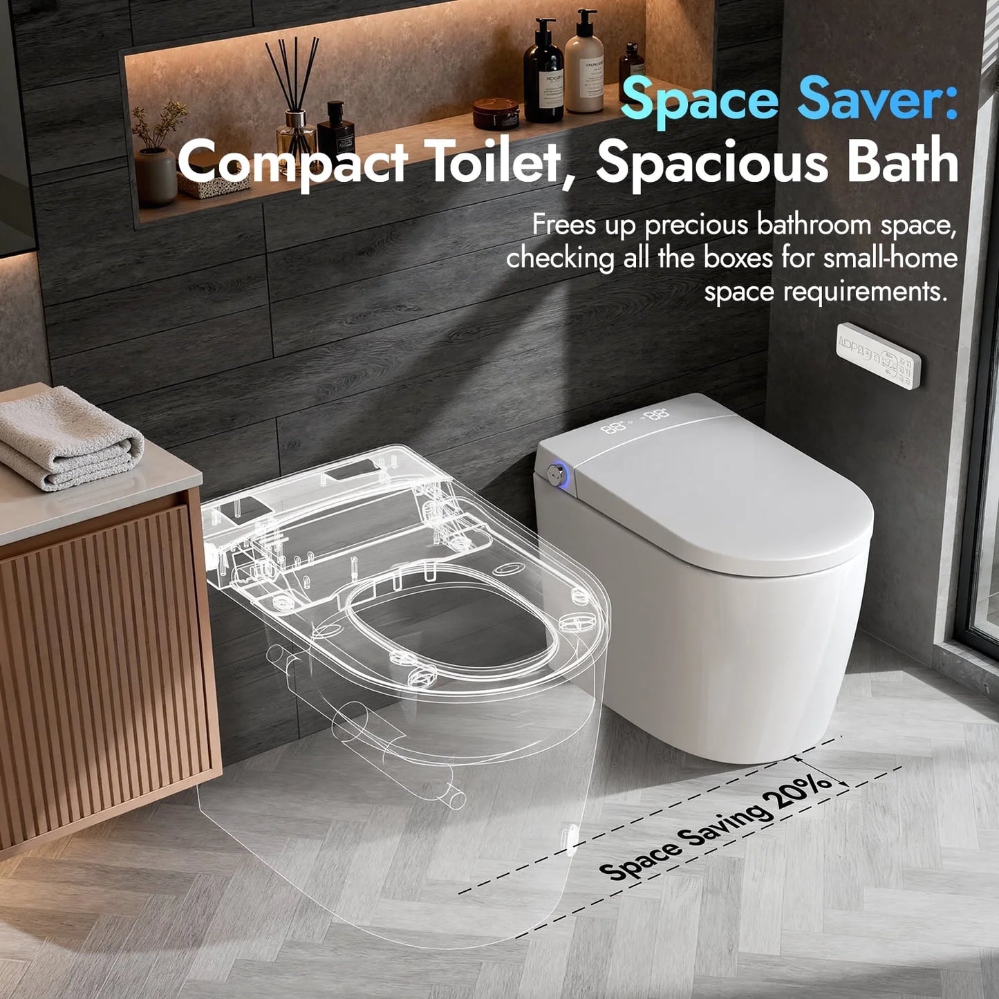 Smart Toilet with Tankless Bidet Wash, Auto-Open Lid/Seat, 1.28 Gallons Auto Dual Flush, Heat Seat, Warm Wash/Dryer, Soft Closing, Remote Control