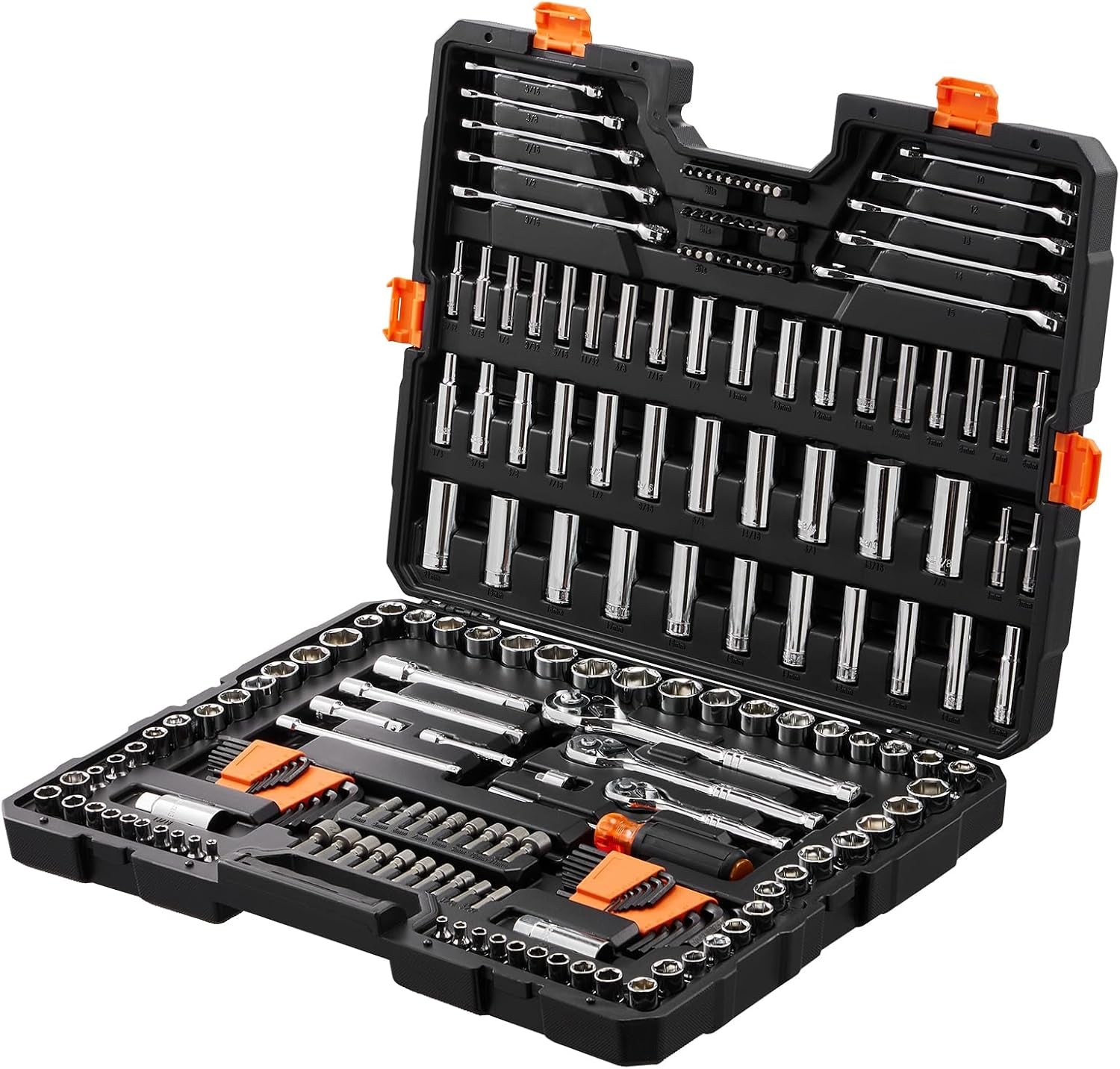 Mechanics Tool Set, 205 Pcs SAE and Metric Sockets, 1/4" 3/8" 1/2" Drive Deep and Standard Sockets, Chrome Vanadium Steel, Polyethylene